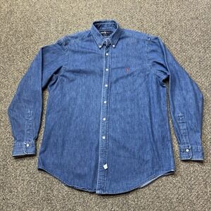 Vtg Ralph Lauren Polo Country Denim Chambray Long Sleeve Shirt Men's LG Red Pony